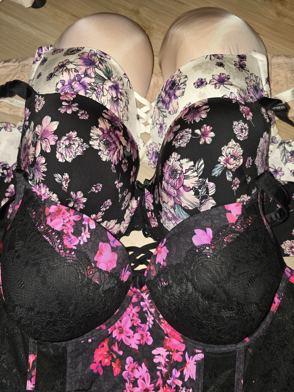 torrid Black Floral Lace Push-Up Bra Set with Pink Accents